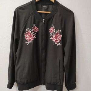 Roz & Ali Jacket Women Sz 2X Black Zip Embroidered Burgundy roses Pockets Lined